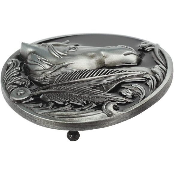 Men's Silver Norse Viking Horse Engraved Feather Leaf Head Oval Belt Buckle - Picture 2 of 4